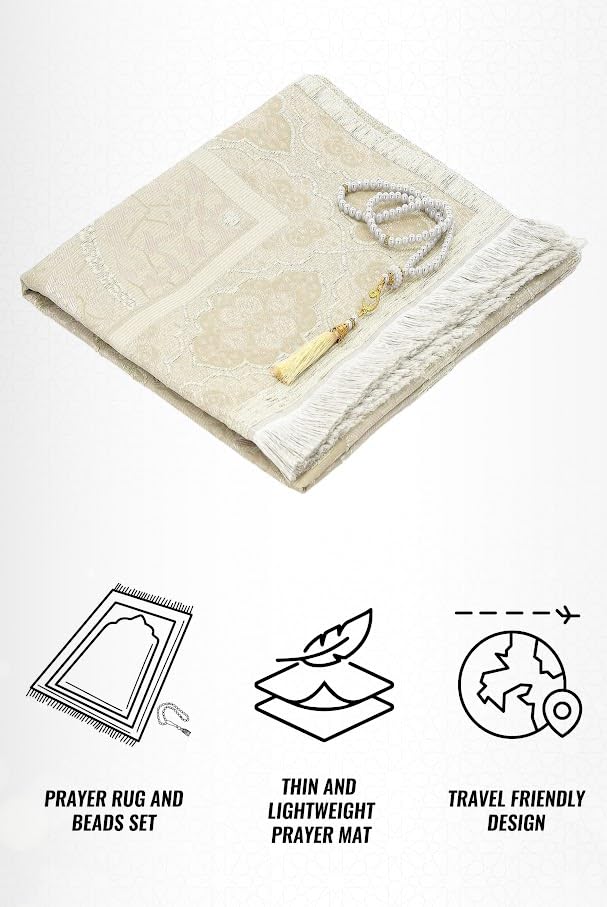 ihvan online Muslim Prayer Rug with 99 Beads Tasbih, Soft Chenille Sajadah, Lightweight & Foldable Janamaz, Portable Travel Prayer Mat, Islamic Gift for Eid, Ramadan, Hajj & Umrah, Cream - color: Cream