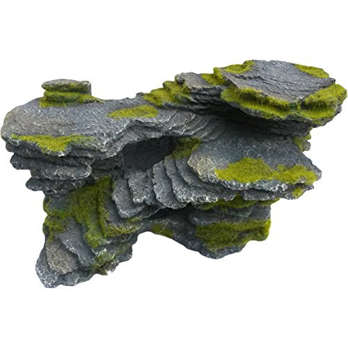 Masold Natural Looking Aquarium Stepped Rock Ornament with Artificial Moss 12 Inches Long, Gray Slate Rock Mountain Ledge Artificial Bridge Decorative Resin Basking Rock Fish Tank Decoration
