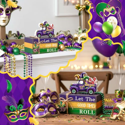4 Pcs Mardi Gras Decorations Mardi Gras Centerpieces Truck Table Decorations Farmhouse Wooden Tabletop Blocks Sign for Party Rustic Tiered Tray Shelf Office Carnival Decor - style: Mardi Gras