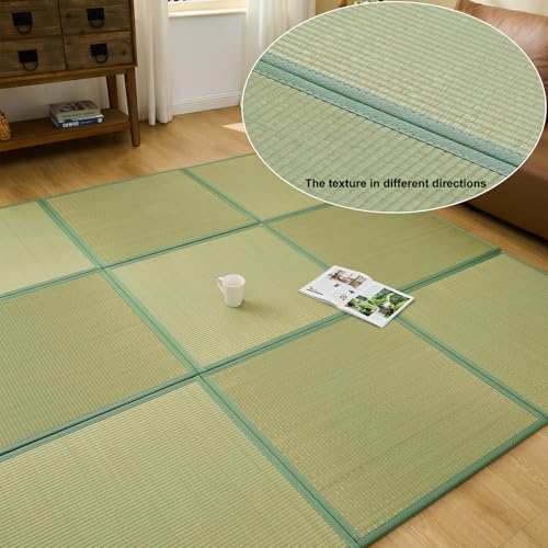 Japanese Rush Grass Tatami Mat Rug, 31.5"x31.5"x0.5",9pc,Fold DIY | Japanese Portable Firm Traditional Foldable with Non-Slip Design, Floor Padding for Crawling and Yoga, Relaxing, Meditation