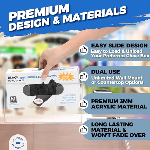Storage Standard Glove Box Holder Dispenser - Kitchen, Medical, & Latex Gloves Holder Wall Mount or Countertop, Universal Fit - Thick Acrylic, Easy to Use, Slide, & Load Open Top Design - Clear - color: Clear - Single