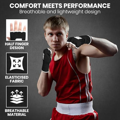 Stealth Sports Boxing Hand Wraps Inner Gloves – Premium Boxing Inner Gloves – Half Finger Boxing Punching Mitts – Elasticated Wrap Boxing Mitts for Kickboxing, Muay Thai, MMA - size: Small-Medium