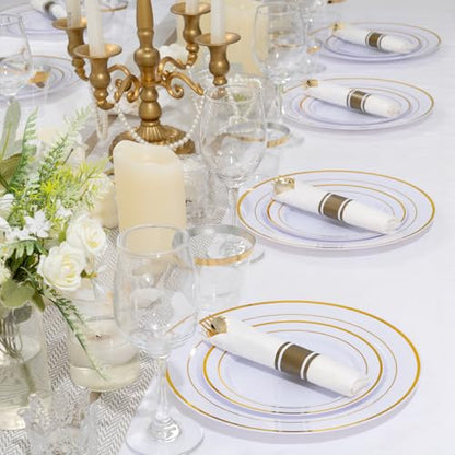 175PCS Disposable Plastic Plates,Gold Plastic Dinnerware Set Includes 25 Dinner Plates, 25 Dessert Plates, 25 Pre Rolled Napkins with Gold Silverware, 25 Cups for Party, Wedding, Birthday - color: White and Gold