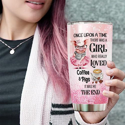 WAZONE Personalized Pig Tumbler Cup With Lid There Was A Girl Who Really Loved Coffee And Pigs Funny Farm Animal Travel Mug Cute Things Customized Gifts For Girls Insulated Vacuum 20oz 30oz - color: Pig