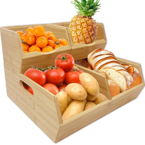 MinBoo Bamboo Stackable Pantry Storage Bins Potato and Onion Storage,Fruit Basket for Pantry Organization,Fruit Bowl for Kitchen Counter,Fruit and Vegetable Storage (Bamboo)