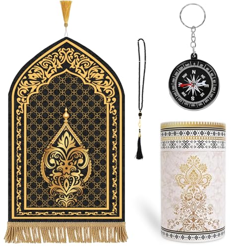 Islamic Prayer Mat Set, 4 PCS Thick Soft Muslim Prayer Rug with Cylinder Gift Box, Beads, Compass for Women Men Daily Salah Meditation Ramadan Eid Gifts 43 * 27 inch（Black Gold） - color: Black