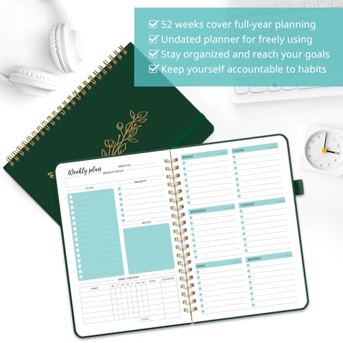 Taja Undated Weekly Planner, Weekly To Do List Notebook with Goal & Habit Tracker Organizer, A5 Weekly Planner Notebook with Spiral Binding, 6.1" x 8.2" - Dark Green - color: n.Dark Green