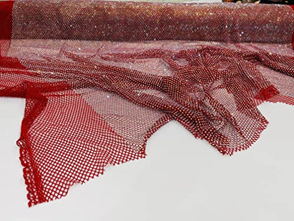 New Creations Fabric & Foam Inc, 45" Wide AB Iridescent Rhinestone On Soft Stretch Fish Net Fabric by The Yard (1 Yard, Iridescent Rhinestones on Red Mesh) - color: Iridescent Rhinestones on Red Mesh