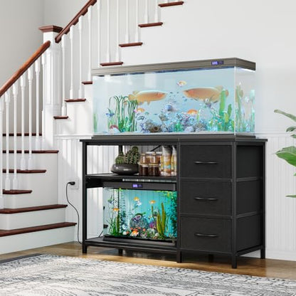Garvee 55-75 Gallon Aquarium Stand, Heavy Duty Fish Tank Stand with Drawers & Shelves, LED Light, 1000lbs Capacity, Fish & Reptile Tanks Stand with Power Outlet & USB