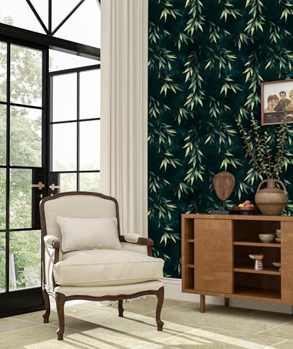 Dark Green Gold Bamboo Leaves Peel and Stick Wallpaper 17.5" x 118" | Self-Adhesive, Removable Waterproof Contact Paper for Bedroom, Bathroom, Cabinets, Accent Wall, Laundry Room - color: Teal Green/Gold, size: 17.5" x 118"