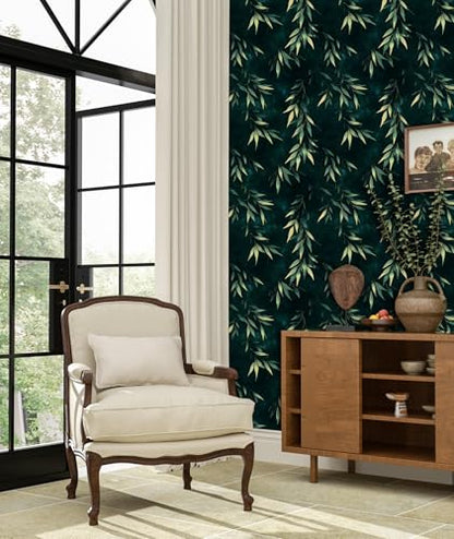 Dark Green Gold Bamboo Leaves Peel and Stick Wallpaper 17.5" x 393" | Extra Long Self-Adhesive, Removable Waterproof Contact Paper for Bedroom, Bathroom, Cabinets, Accent Wall, Laundry Room - color: Teal Green/Gold, size: 17.5" x 393"