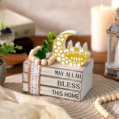 Eid Mubarak Decorations for Home Ramadan Decorations Wood Ramadan Mubarak Table Sign Golden Moon Eid Tiered Tray Sign for Islamic Muslim Table Indoor Shelf Office Gifts - style: Eid Mubarak