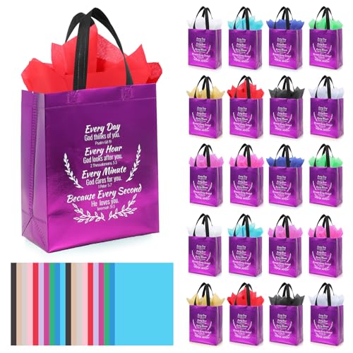 LUAVIARU 80 Pcs Bible Verse Christian Gift Bags Set – 40 Purple Reusable Gift Bag with Handles & 40 Tissue Paper, Religious Gift Bag for Church Events, Baptism, Easter, Communion, Congratulations - color: Purple, size: 40