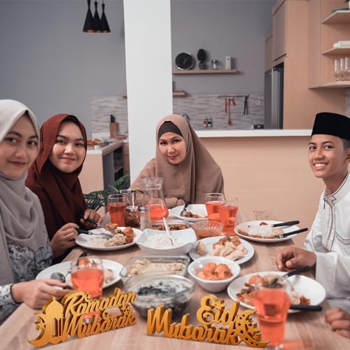 Yuntau 2 Pcs Ramadan Mubarak Wood Sign Eid Mubarak Wooden Table Centerpiece Ramadan Wooden Tabletop Decor Moon Star Islamic Mosque Letter Sign Ramadan Decorations for Home Allah Muslim Gifts(Bright)