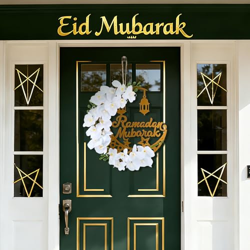 Lineshading Eid 라마단 무바라크 화환 라마단 장식 가정 현관 이드 장식 원형 금속 후프 꽃 벽걸이 화환 벽 창문 실내 실외 농가 장식 (클래식) - style: 클래식