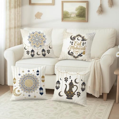 Lantern Throw Pillow Covers Set of 4, Islamic Festive Crescent Star Eid Gold with Hidden Zipper Couch Pillow Covers for Living Room Bed Office Sofa Chair Decor 12x12 Inch - size: 12" x 12" (Pack of 4)