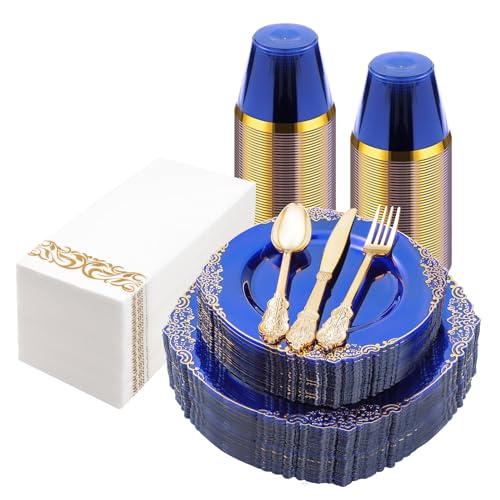 Bestluck 175PCS Clear Blue Plastic Plates for 25 Guests - color: Blue, size: 25 Guests