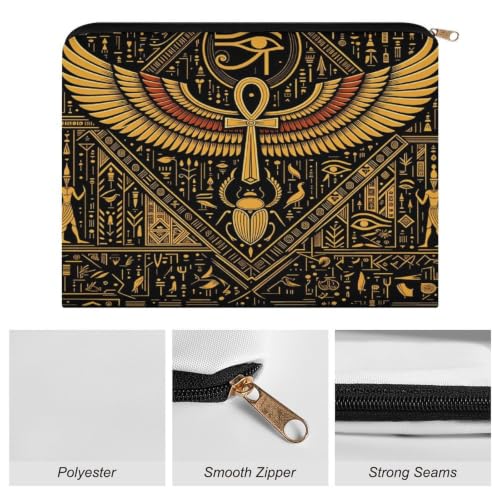 Egyptian Symbols Golden Hieroglyphic Makeup Bag for Women, Cosmetic Pouch Travel Toiletry Organizer Bag 8.9"x6.5" Polyester - color: Egyptian Symbols Golden Hieroglyphic