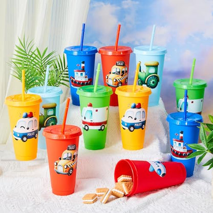 Chuangdi 12 Pcs Train Themed Tumbler with Lid and Straw 24 oz Reusable Plastic Tumblers Railroad Train Crossing Party Cup Traffic Vehicle Party Supplies for Birthday Decorations - style: Train