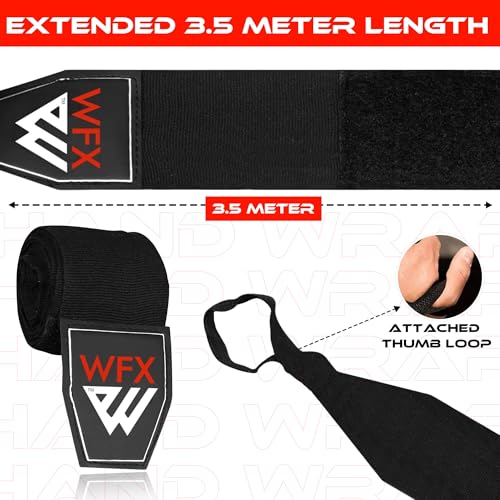 WFX Boxing Hand Wraps 3.5 4.5 Meter Martial Arts Bandages Inner Gloves Wrist Support Straps Punching Under Hand Knuckles Heavy Elasticated Training Bag Mitts Muay Thai - color: Black, size: 3.5 M