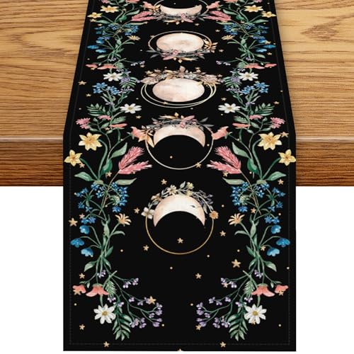 Boho Floral Table Runner, Rustic Spring Gothic Moon Phase Seasonal Wild Flower Tarot Bohemian Black Coffee Table Center Decor for Family Kitchen Outdoor Holiday Party Table Decorations, 13"x36" - color: Moon Flower-7, size: 13“ X 36"