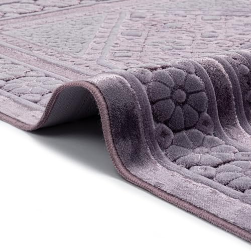Modefa Velvet Prayer Rug - Soft Plush Turkish Janamaz Sajada Carpet for Men and Women - Plain Solid Prayer Mat Ramadan Eid Gift - with Prayer Beads - Luxury Floral Stamp (Lilac) - color: Lilac