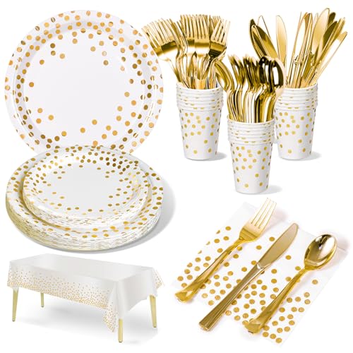 Nkaiso 141Pcs White Gold Paper Plates and Napkins Party Supplies for20 - color: White Gold
