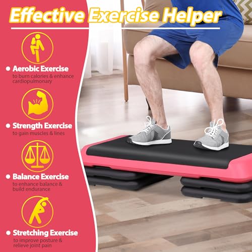 F2C 43 inch Aerobic Exercise Step Platform Adjustable Height Stepper Exercise Workout Step Bench with 4 Risers 4" - 6" - 8" Large Fitness Exercise Stair Step for Home Gym Fitness Training - color: Rose Pink