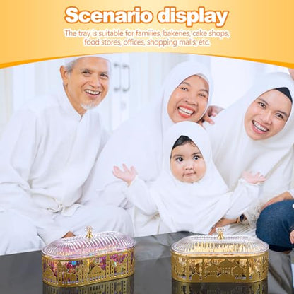2 Pcs Ramadan Trays with Lid Metal Gold Eid Mubarak Plates Ramadan Moon Candy Dish Table Decorations Food Serving Tray Islam Muslim Al-Fitr Cookie Storage Container for Eid Party Supplies