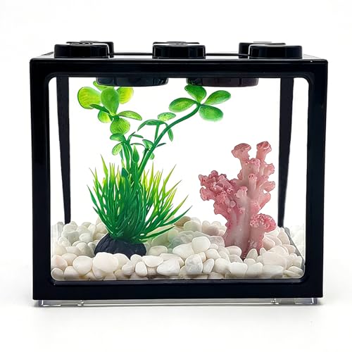 0.25 Gal Black Small Desktop Aquarium Kit with Gravel & Decor | Cube Mini Fish Tank, Stackable Desktop Fishbowl for Sea Monkeys & Aquarium Landscape Enthusiasts - color: Black