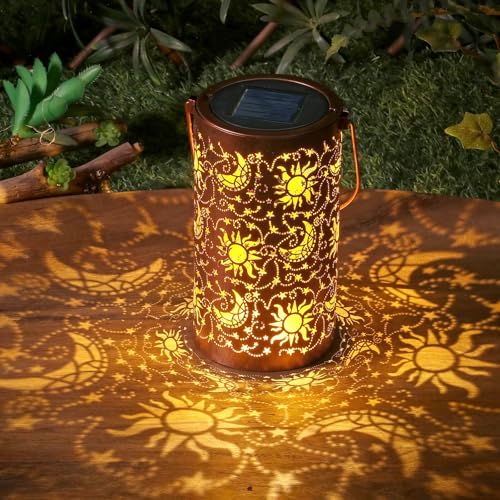 Solar Lantern Outdoor Waterproof with Sun Moon Stars Patterns, Garden Tangled Decor for Yard Patio Lawn Porch Backyard, Ramadan Light Unique Gifts for Women - style: (Bronze-4" Dia) Sun-Moon-Star