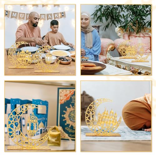 2pcs Eid Mubarak Kareem Table Sign, Wooden Moon Hollow Star Ornament Ramadan Hollow Ornament Wood Ramadan Decorations Islamic Home Decor Gifts for Home Muslim Party Tabletop Decor