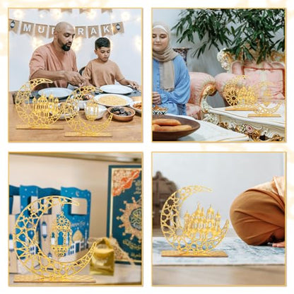 2pcs Eid Mubarak Kareem Table Sign, Wooden Moon Hollow Star Ornament Ramadan Hollow Ornament Wood Ramadan Decorations Islamic Home Decor Gifts for Home Muslim Party Tabletop Decor