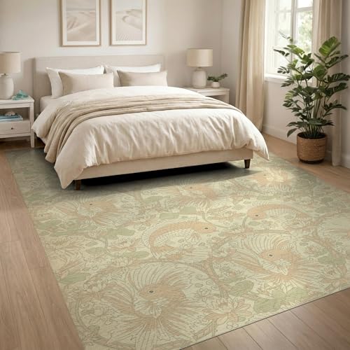 8'x10' Washable Asian Koi Fish Large Rug, Light Green Non-Shedding Pet Friendly Carpet for King Size Bedroom, Master Suite, Under Bed, Foldable Easy Care Mat | Ref:1885582 - color: Beige/Pattern 45, size: 8' x 10' (Rectangular)