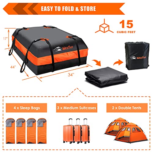MeeFar Car Roof Bag XBEEK Rooftop top Cargo Carrier Bag Waterproof 15 Cubic feet for All Cars with/Without Rack, Includes Anti-Slip Mat, 8 Reinforced Straps, 6 Door Hooks, Luggage Lock - size: 15 Cubic Feet