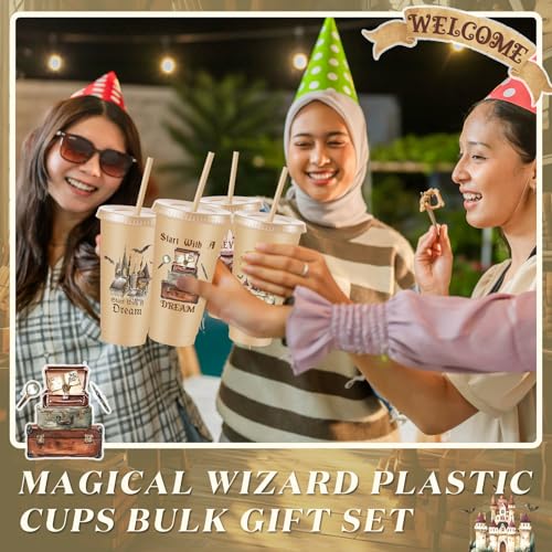 Chuangdi 12 Pcs Magical Wizard Party Cups Birthday Party Favors 24 oz Plastic Reusable Tumblers with Lids and Straws for Magical Wizard Birthday Supplies - style: Magical World