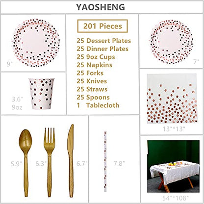 YAOSHENG 201 Pieces Rose Gold Party Supplies - Rose Gold Dot on White Paper Plates and Napkins Cups Silverware Serves 25 Sets for Wedding Bridal Shower Engagement Birthday Parties.(Rose gold dot) - color: Rose gold dot