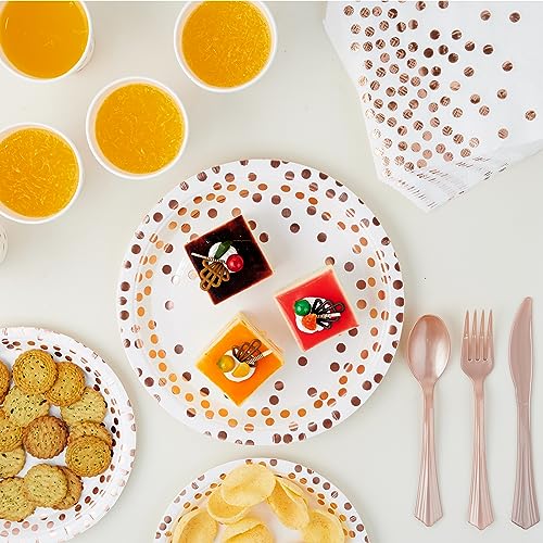 White and Rose Gold Party Supplies - 350 PCS Disposable Dinnerware Set - White Paper Plates Napkins Cups, Gold Plastic Forks Knives Spoon for Graduation, Birthday, Thanksgiving, Cocktail Party - color: White & Rose Gold