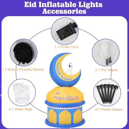 Lewondr 4.9FT Outdoor Inflatable Moon Decorations, Rotating Inflatable Moon Eid Mubarak Decor, Blow Up Muslim Holy Ramadan Celebration Decor with LED Lights, Outdoor Holidays Inflatables for Yard - style: Moon and Castle