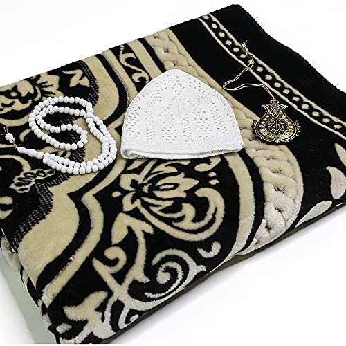 Modefa Turkish Islamic Velvet Prayer Rug - Thick Wide Soft Prayer Carpet - Men & Women - Large Prayer Mat - Eid & Ramadan Gift - with Kufi Cap Beads & Car Hanger - Double Plush Floral Black - color: Floral Arch - Black