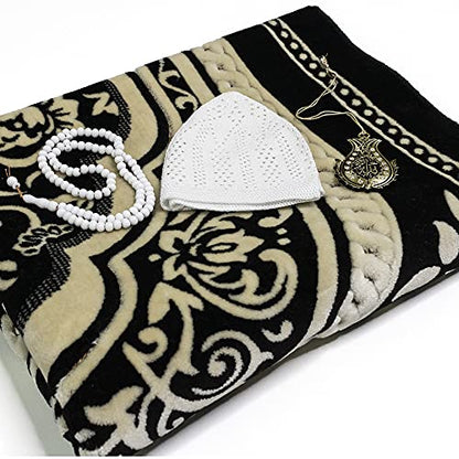 Modefa Turkish Islamic Velvet Prayer Rug - Thick Wide Soft Prayer Carpet - Men & Women - Large Prayer Mat - Eid & Ramadan Gift - with Kufi Cap Beads & Car Hanger - Double Plush Floral Black - color: Floral Arch - Black