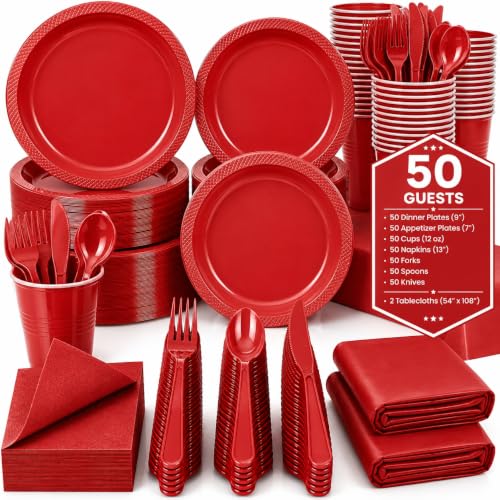 Tinybee 352 Pcs Red Plastic Plates, Disposable Dinnerware Set for 50 - color: Red