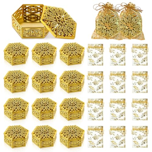 12 Set Indian Return Gifts for Pooja Bulk Hollow Hexagon Diwali Candy Boxes Decorative Golden Candy Containers Storage Gift Boxes for Diwali Pooja Wedding Christmas Birthday Party Favors