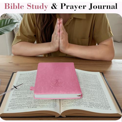Leather Bible Study Journal Scripture Notebook - Christian Note Taking Kit with Guided Prompts - Inspirational Religious Gifts - Faith Based Stationery Accessories for Church, Small Group (Pink) - color: Pink