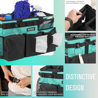 SCAVATA Wearable Cleaning Caddy Bag, Cleaning Caddy Supplies Organizer with Handle & Shoulder Straps for Housekeepers, Under Sink & Car Cleaning Tool Organizers with 4 Foldable Divider (Lake Blue) - color: Lake Blue