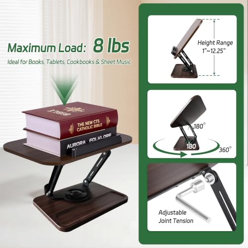 Book Stand for Desk, 360° Rotating Cookbook Holder for Hands-Free Reading Recipe Book Holder with Page Clips, Adjustable Height for Textbooks, Comics, Sheet Music - style: Book Stand(Walnut Finish)