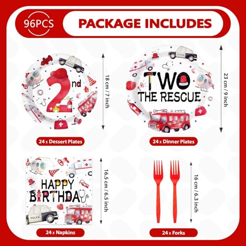 Grencian 96Pcs Two the Rescue Birthday Decorations Emergency Vehicle Theme Plates and Napkins Fire Truck Tableware Ambulance Dinnerware for Kid Emergency Vehicle 2 Years Old Birthday Party Decorations - style: Rescue Vehicles 2nd Birthday Set