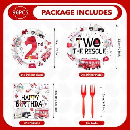 Grencian 96Pcs Two the Rescue Birthday Decorations Emergency Vehicle Theme Plates and Napkins Fire Truck Tableware Ambulance Dinnerware for Kid Emergency Vehicle 2 Years Old Birthday Party Decorations - style: Rescue Vehicles 2nd Birthday Set