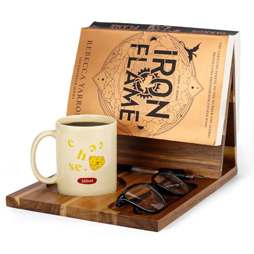 Wooden Book Stand for Reading Rest, Acacia Triangle Book Holder with Cup, Glasses, Pen & Phone Holder, Book Nook Reading Valet for Book Lover Gifts