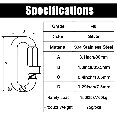Anvin 2 Pack Quick Link M8 5/16 Inch Heavy Duty Carabiner D Shape Chain Links 1500LB Capacity Repair Utility Links Safety Chain Connector for Camping Outdoor Equipment Locking Hammocks Harness Leash - style: Oval, 3 Inch, 2 Pack